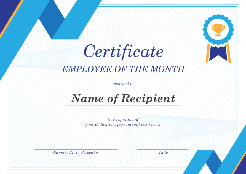 Screenshot of blank employee of the month certificate template