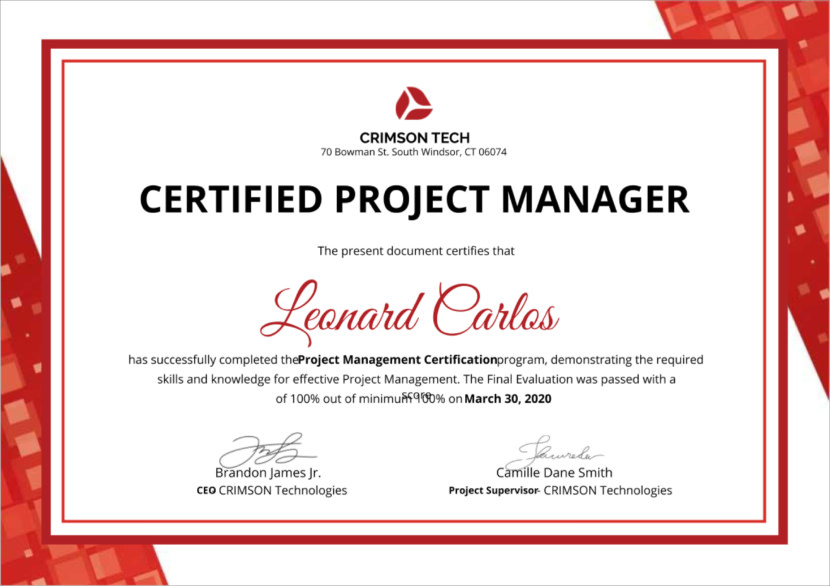 Screenshot of blank project manager certificate template