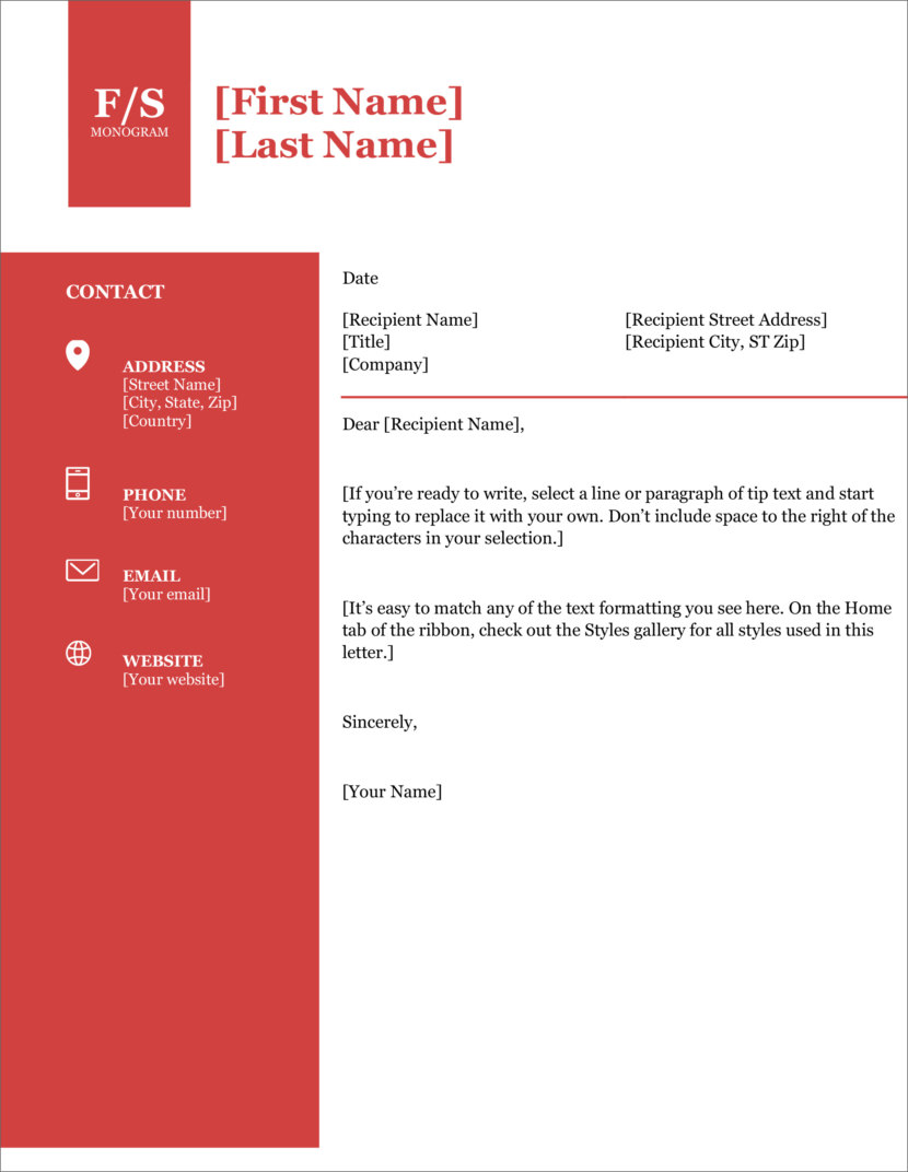 Screenshot of free cover letter templates in Microsoft Word Docx