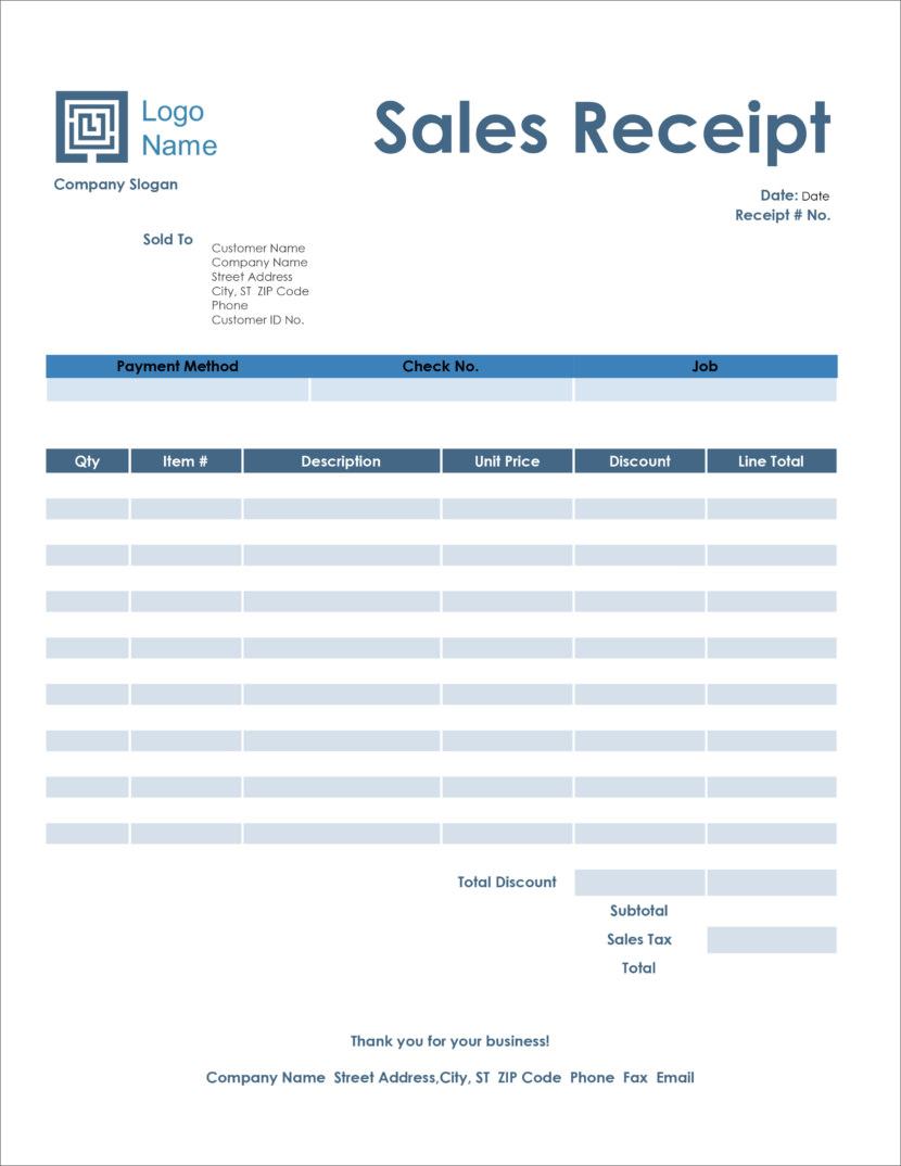 Screenshot of receipt template in Microsoft Office Word Docx format