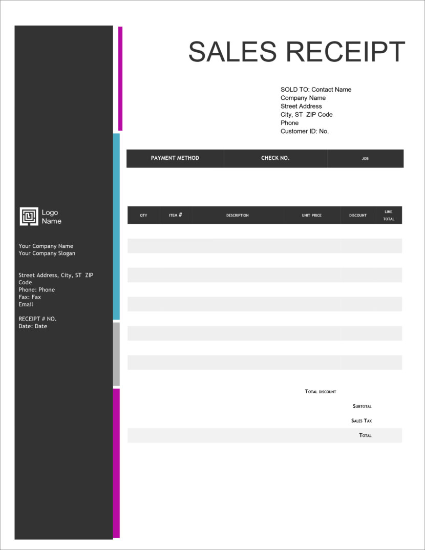 Screenshot of receipt template in Microsoft Office Word Docx format