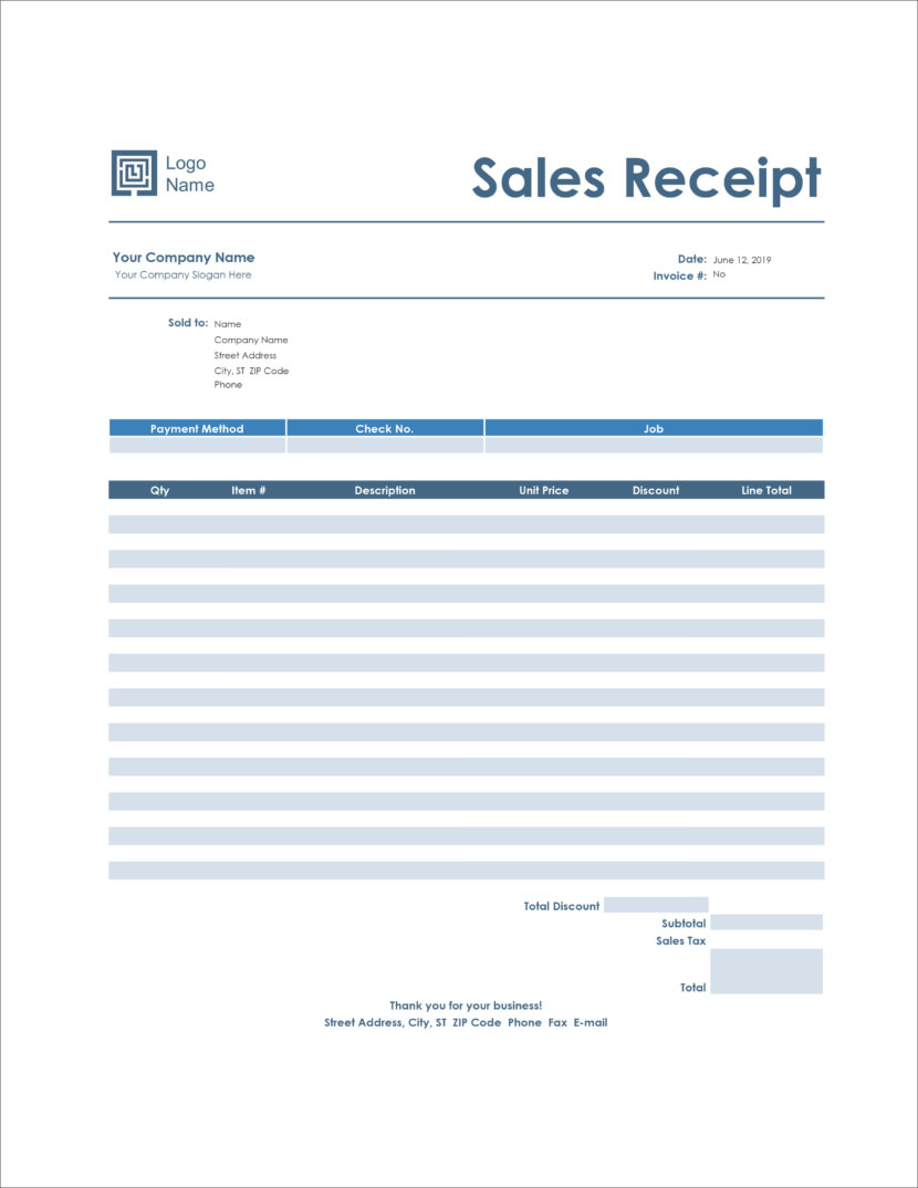 Screenshot of receipt template in Microsoft Excel Xlsx format