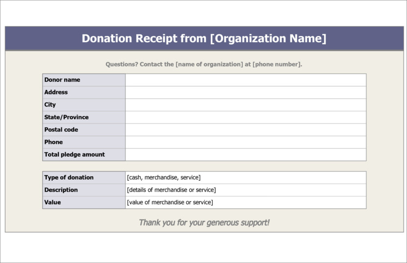 Screenshot of receipt template in Microsoft Excel Xlsx format