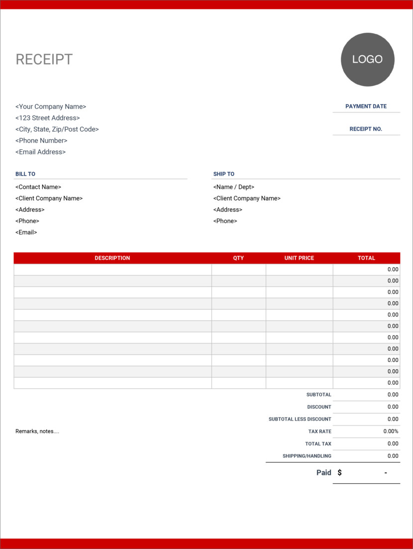 Screenshot of receipt template in Google Sheet, available online and downloadable in Excel format