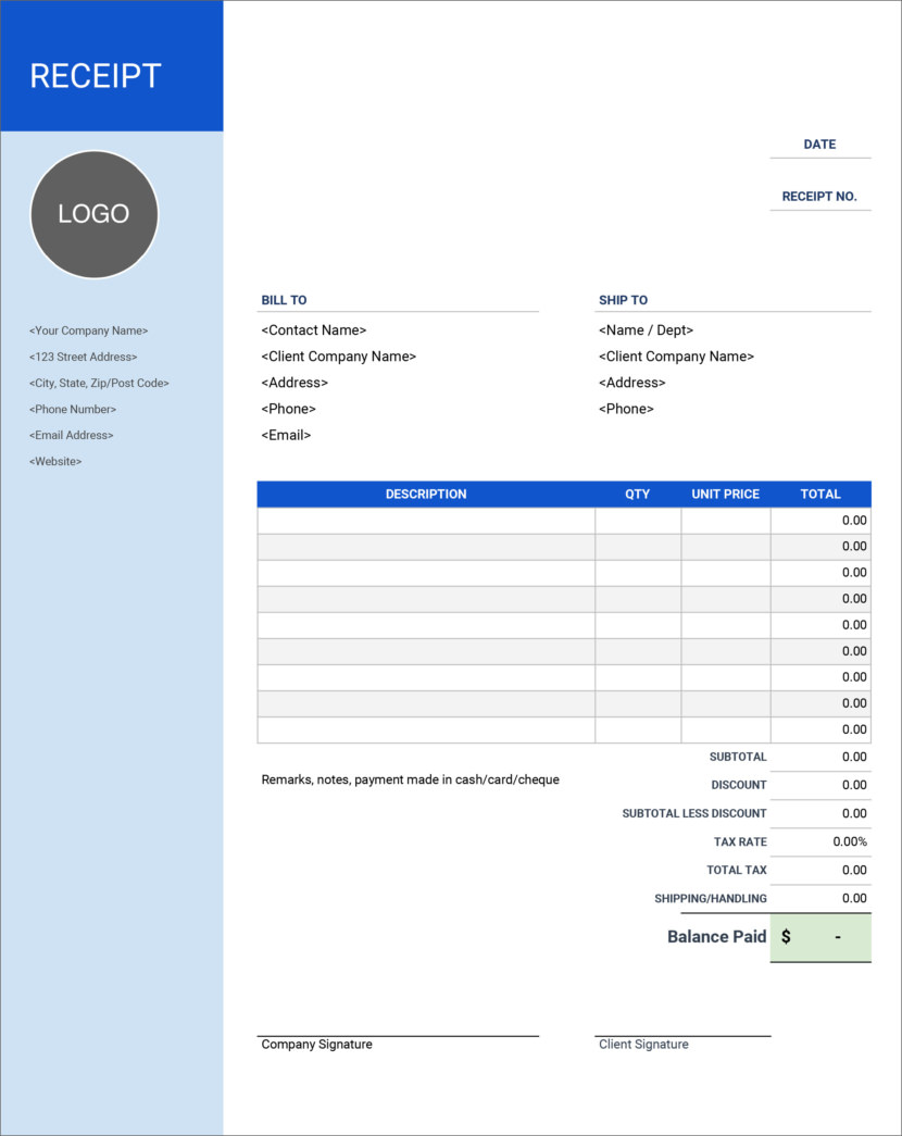 Screenshot of receipt template in Google Sheet, available online and downloadable in Excel format