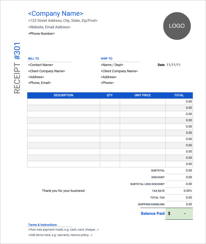 Screenshot of receipt template in Google Sheet, available online and downloadable in Excel format