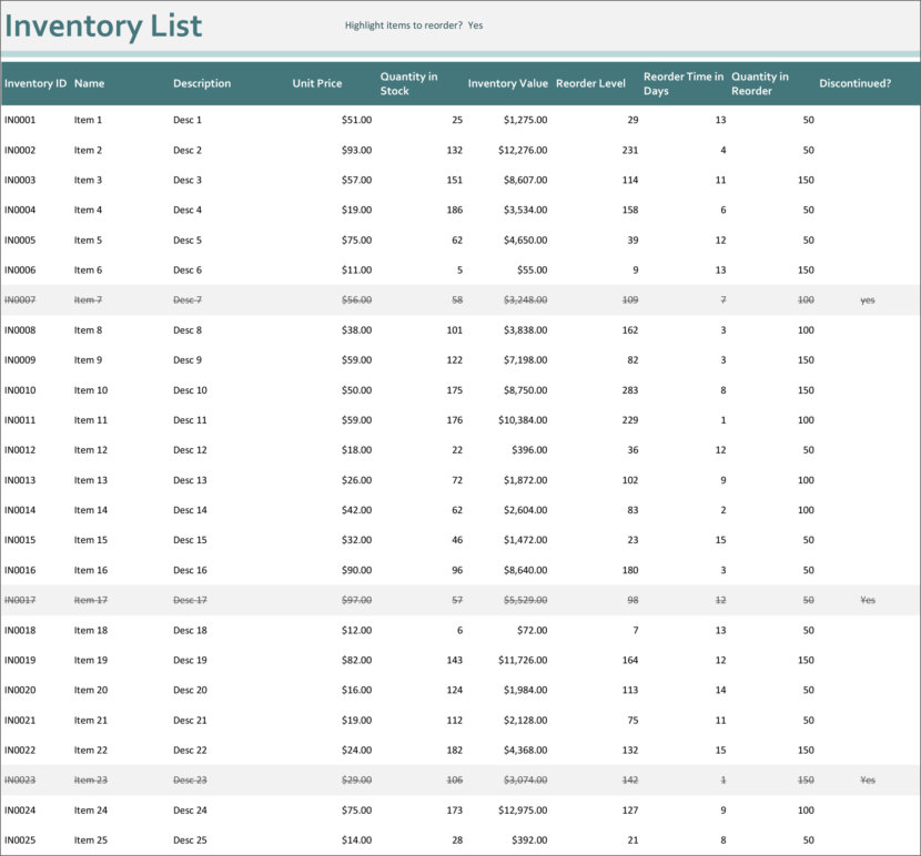 Screenshot of a free stock inventory checklist template