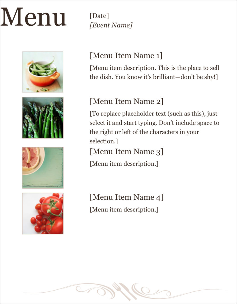 Screenshot of free simple food menu template for restaurants and cafes