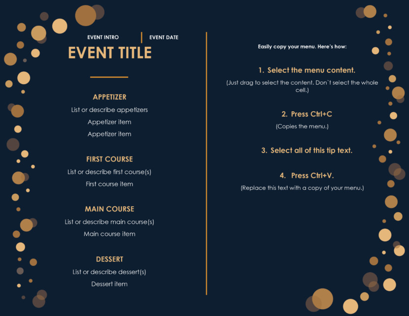 Screenshot of free simple food menu template for restaurants and cafes, black colour