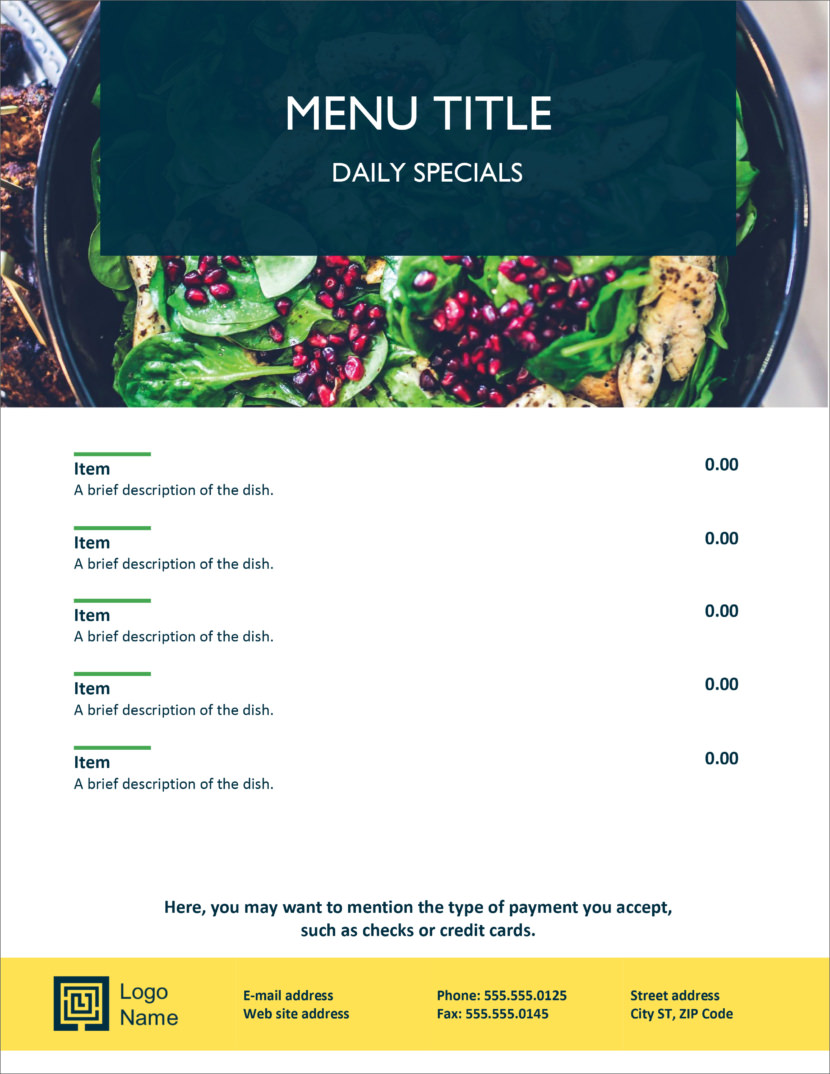 Screenshot of free simple food menu template for restaurants and cafes