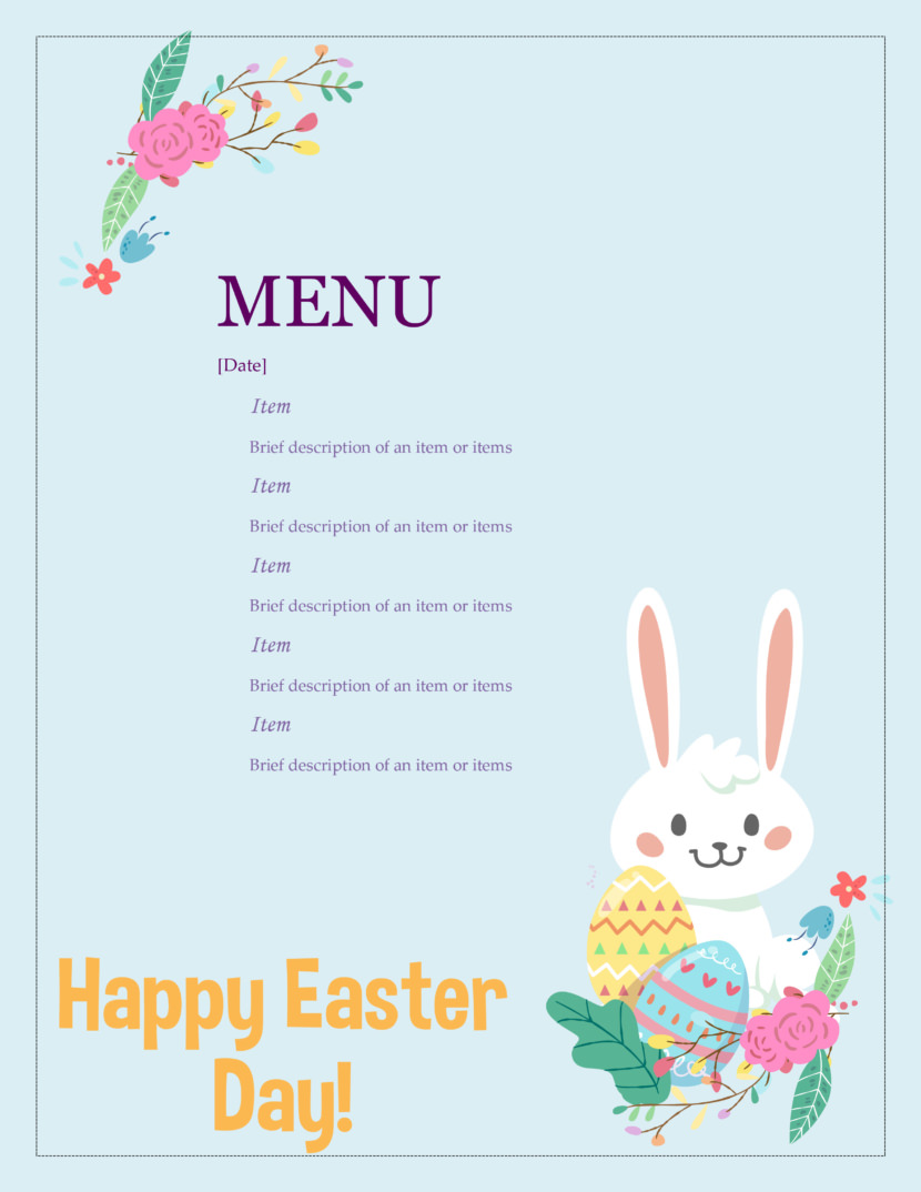 Screenshot of free simple food menu template for restaurants and cafes, for easter celebration