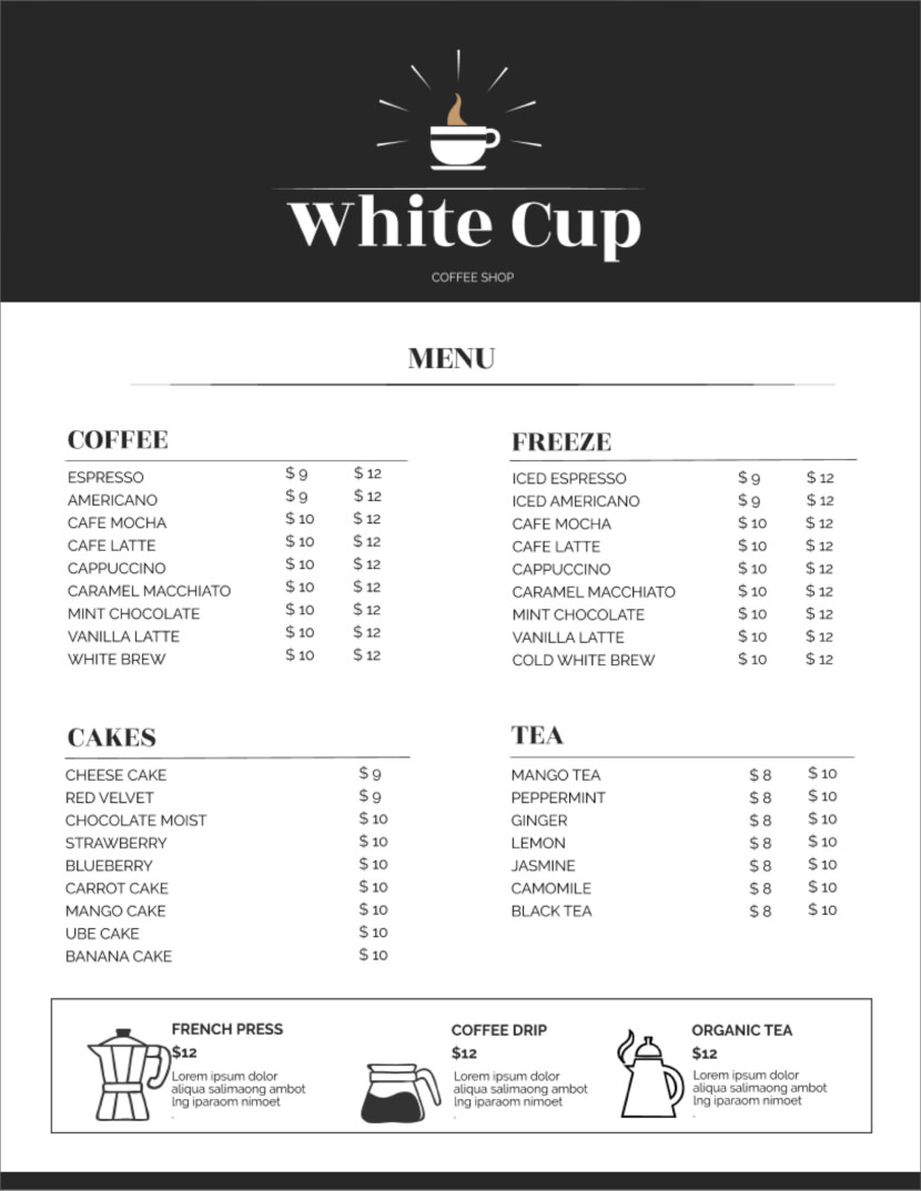 Screenshot of free simple food menu template for restaurants and cafes