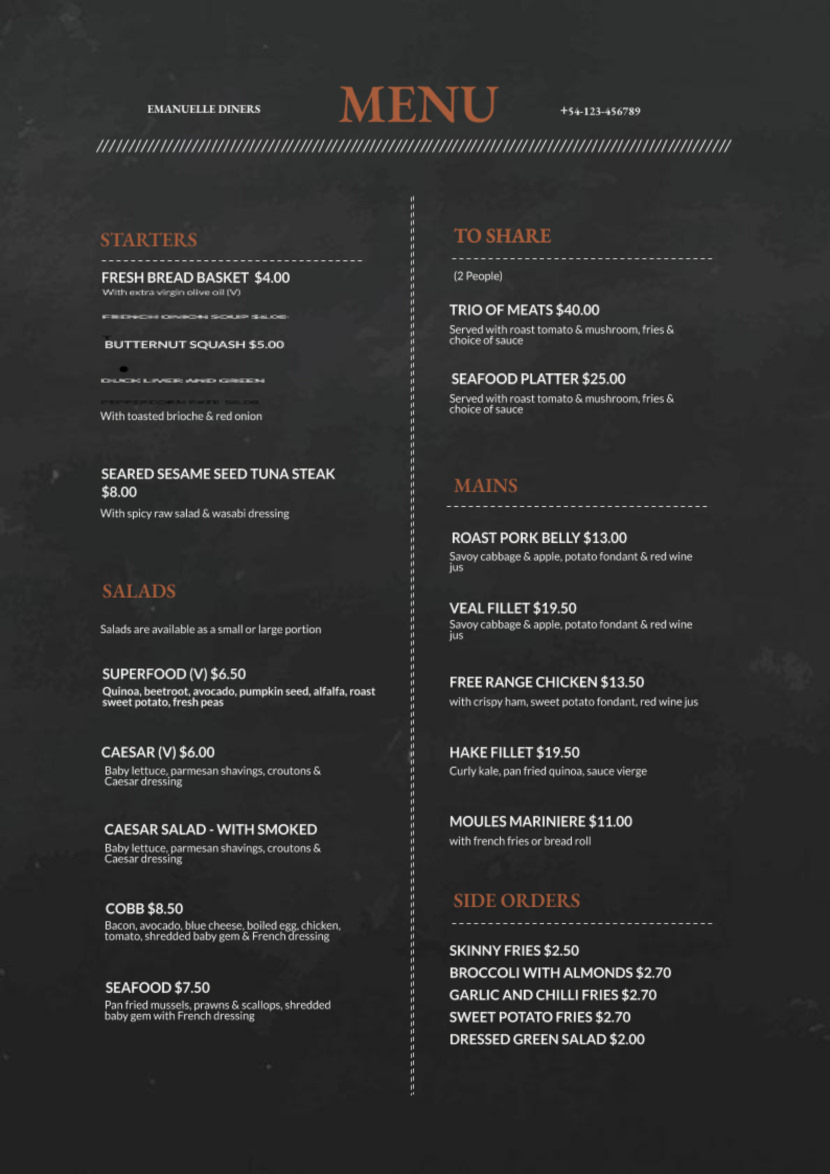 Screenshot of free simple food menu template for restaurants and cafes, chalkboard design