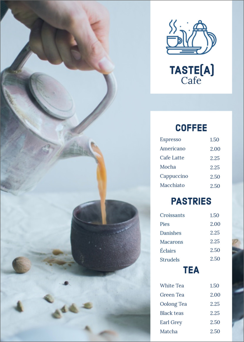 Screenshot of free simple food menu template for restaurants and cafes