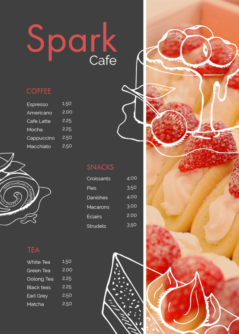 Screenshot of free simple food menu template for restaurants and cafes