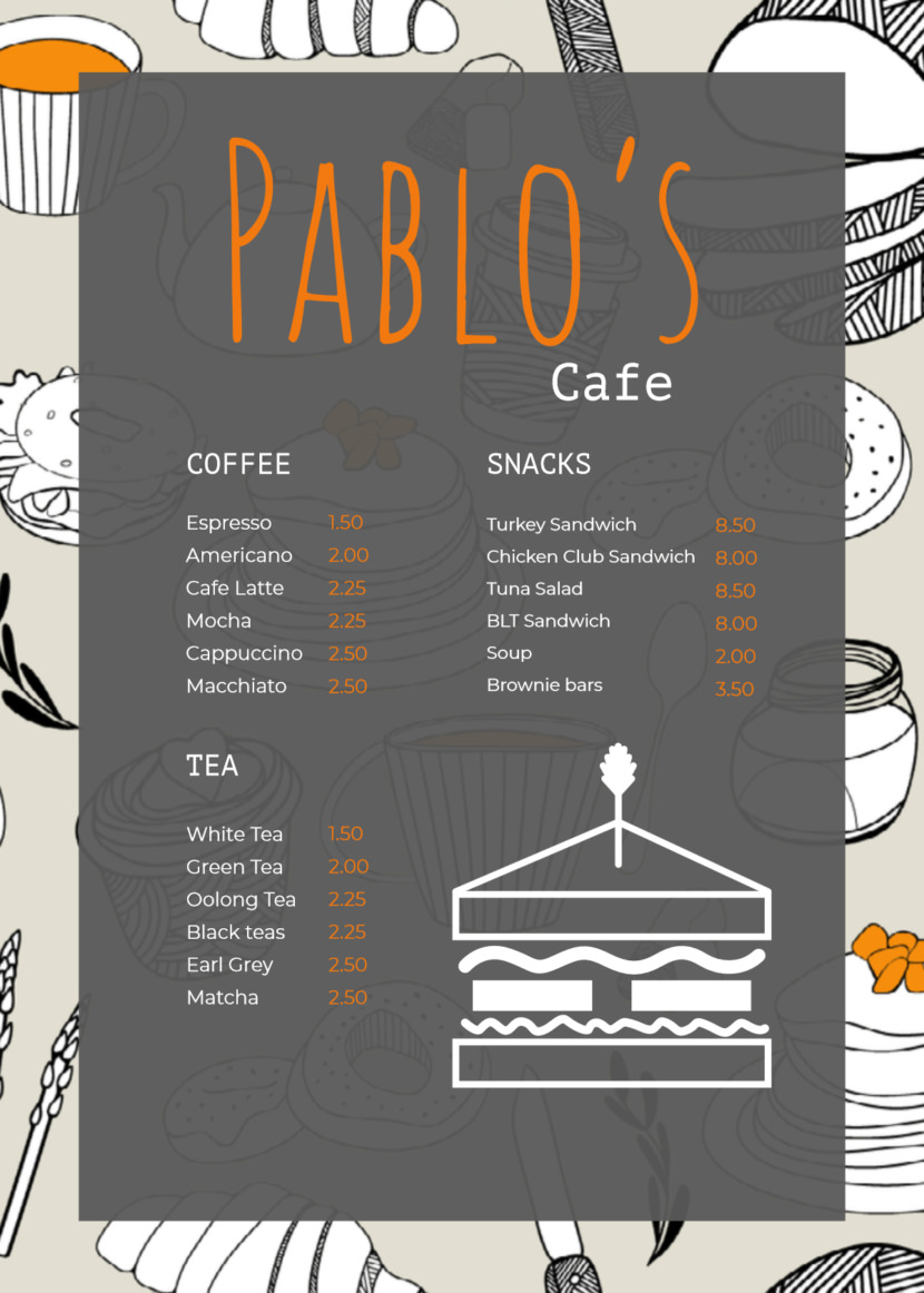 Screenshot of free simple food menu template for restaurants and cafes, for sandwich