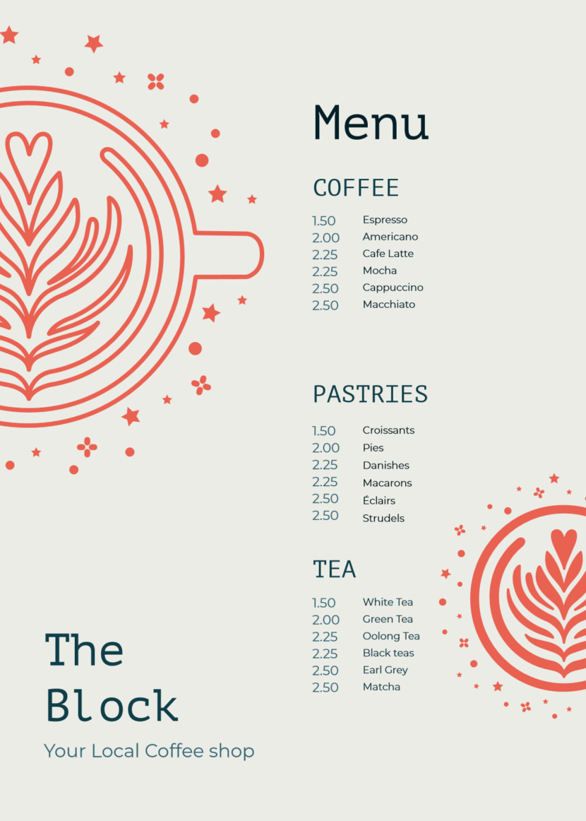 Screenshot of free simple food menu template for restaurants and cafes, for selling cakes