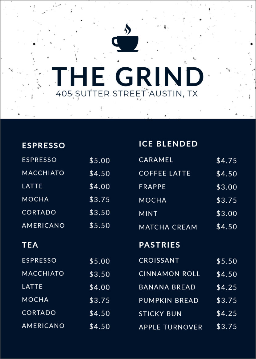 Screenshot of free simple food menu template for restaurants and cafes, for selling coffee