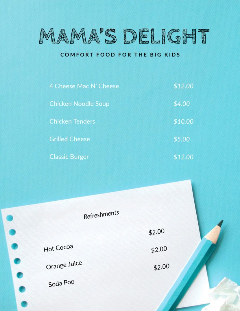 Screenshot of free simple food menu template for restaurants and cafes