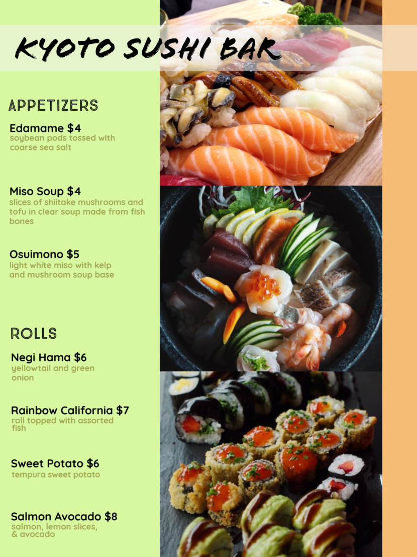 Screenshot of free simple food menu template for restaurants and cafes, for selling Japanese sushi