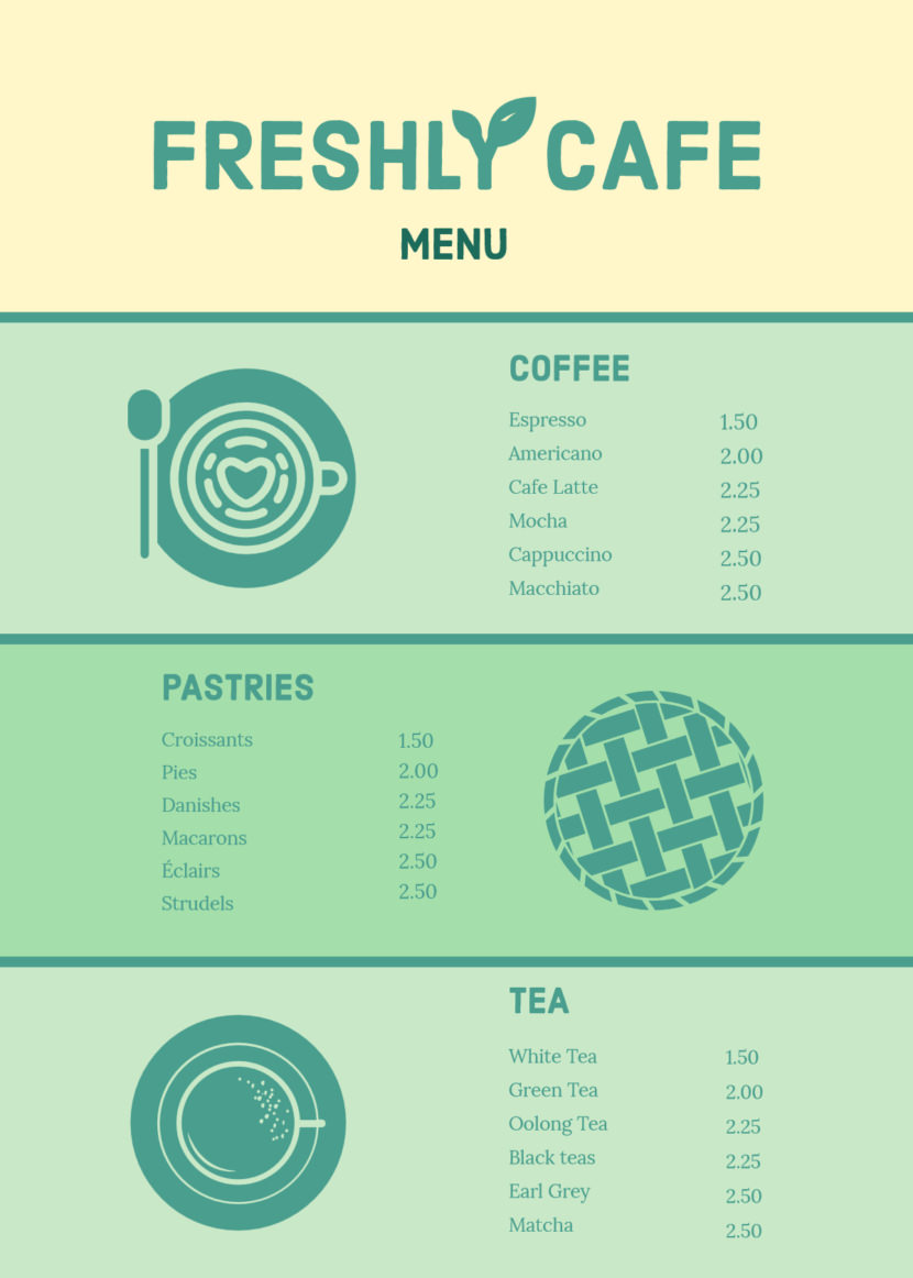 Screenshot of free simple food menu template for restaurants and cafes