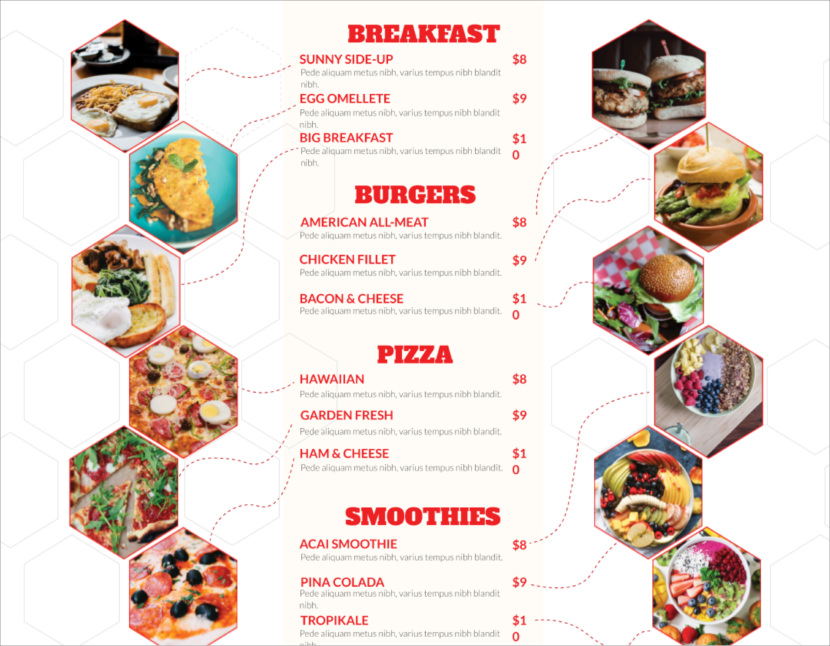 Screenshot of free simple food menu template for restaurants and cafes, for breakfast