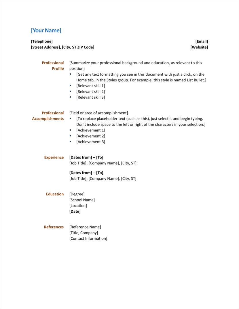 Screenshot of resume and CV template in Microsoft Office Docx format or Google Docs format that is available for download for free