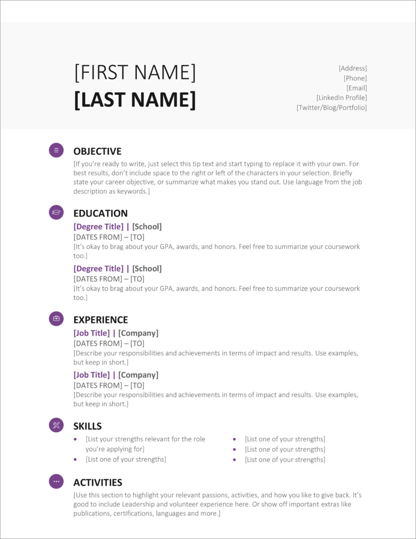 Screenshot of resume and CV template in Microsoft Office Docx format or Google Docs format that is available for download for free