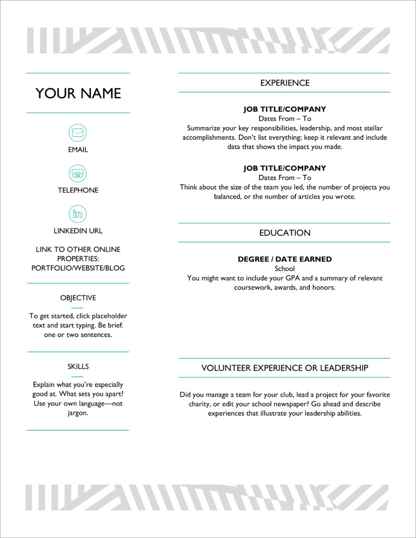 Screenshot of resume and CV template in Microsoft Office Docx format or Google Docs format that is available for download for free