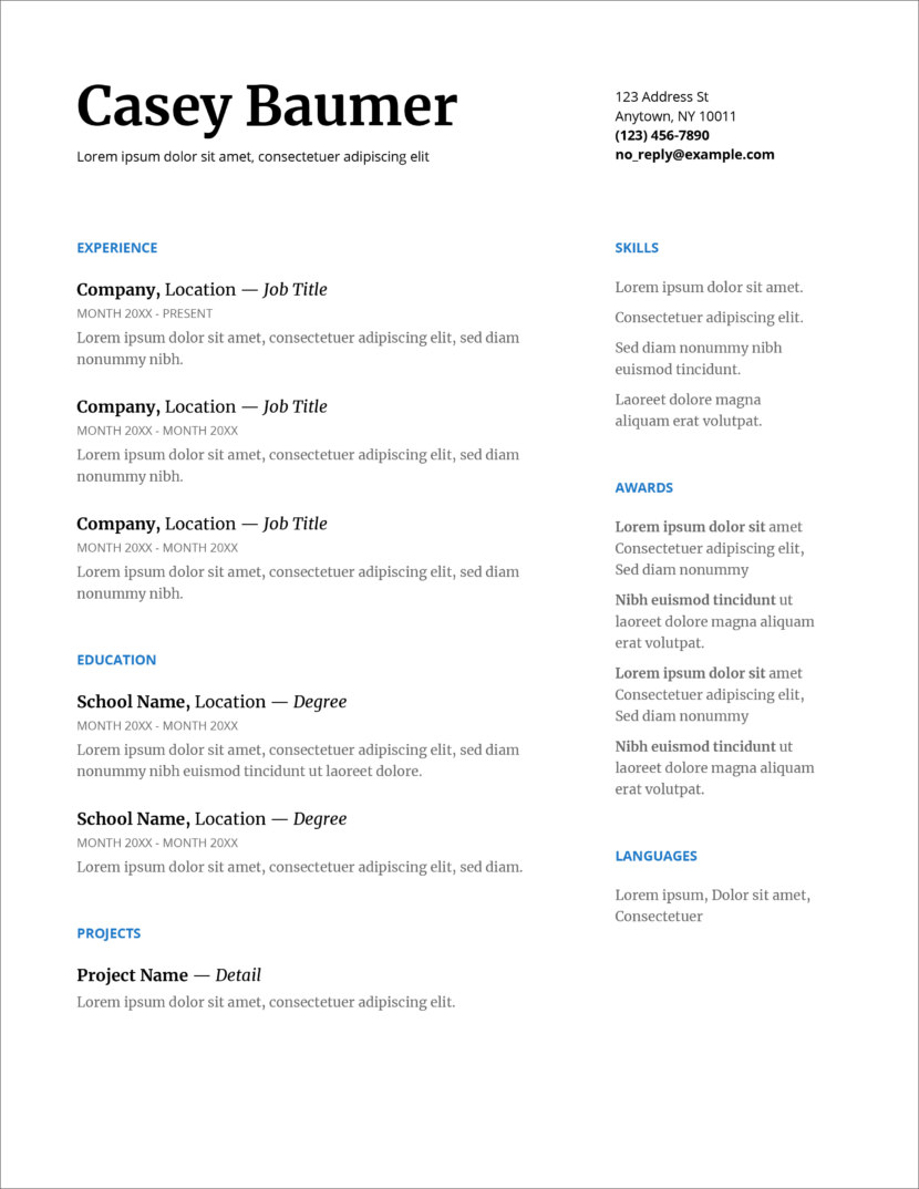 Screenshot of resume and CV template in Microsoft Office Docx format or Google Docs format that is available for download for free