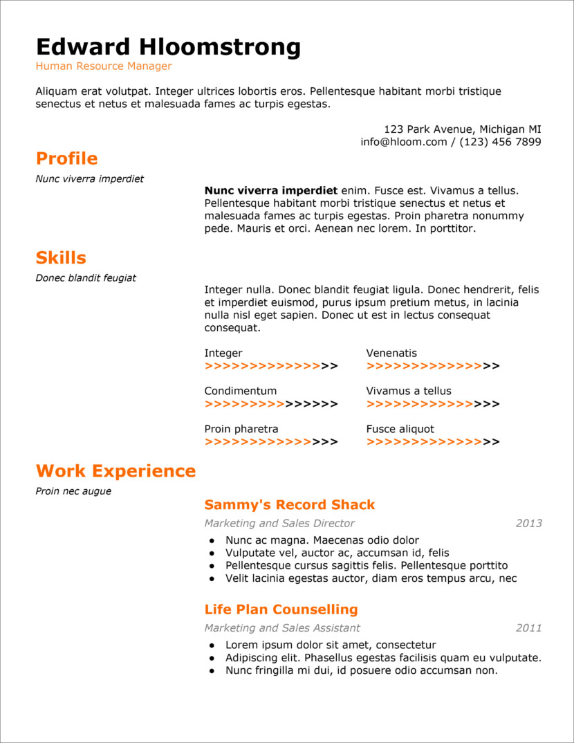 Screenshot of resume and CV template in Microsoft Office Docx format or Google Docs format that is available for download for free