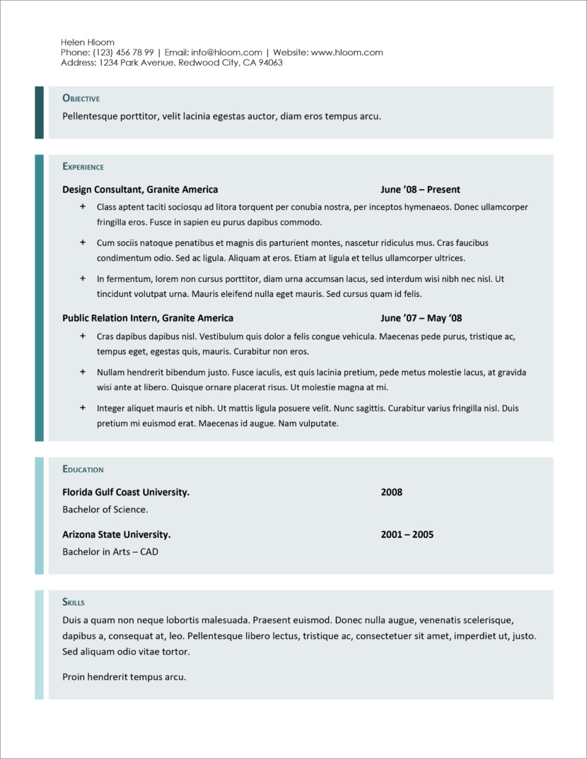 Screenshot of resume and CV template in Microsoft Office Docx format or Google Docs format that is available for download for free