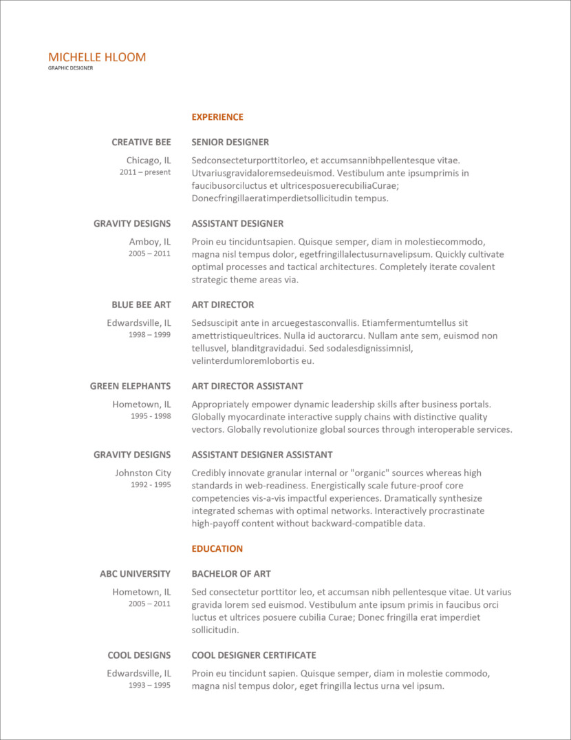 Screenshot of resume and CV template in Microsoft Office Docx format or Google Docs format that is available for download for free