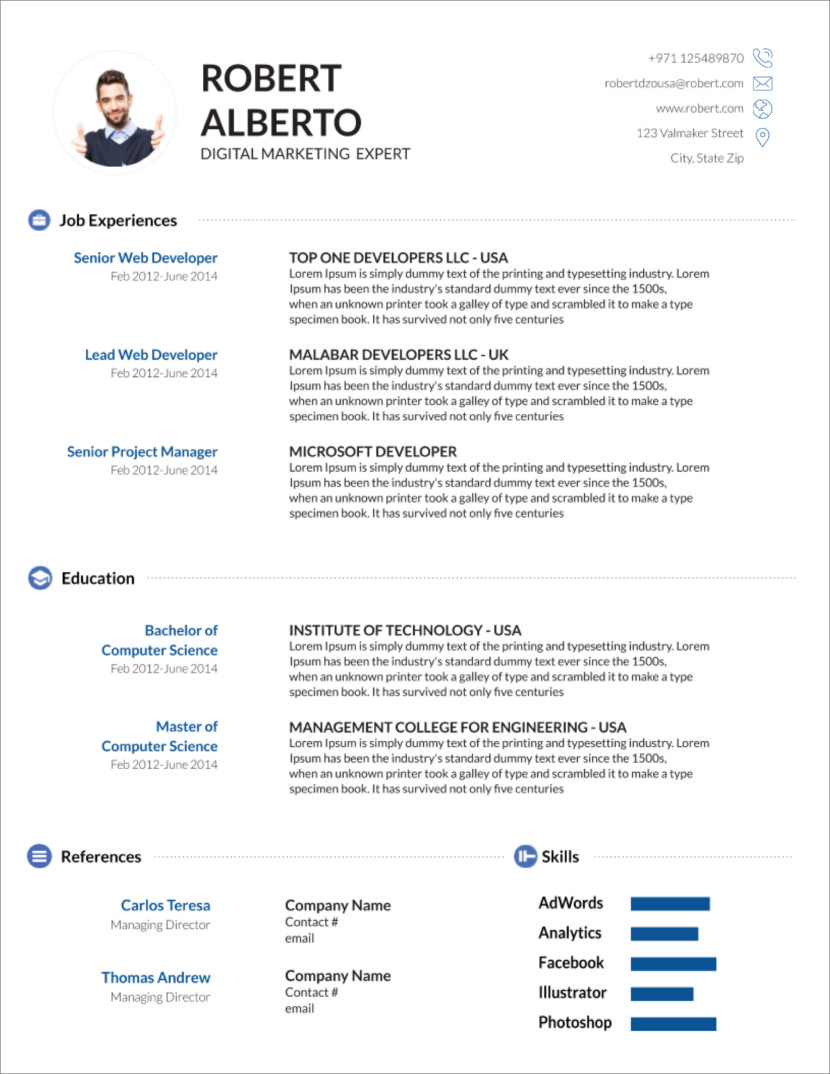 Screenshot of resume and CV template in Google Docs format that is available for online use and can be downloaded and converted into Microsoft DocX for free