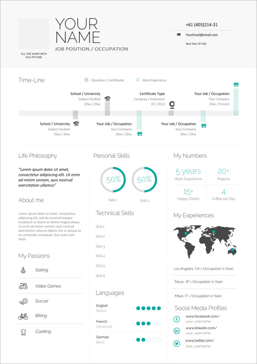 Screenshot of resume and CV template in Google Docs format that is available for online use and can be downloaded and converted into Microsoft DocX for free