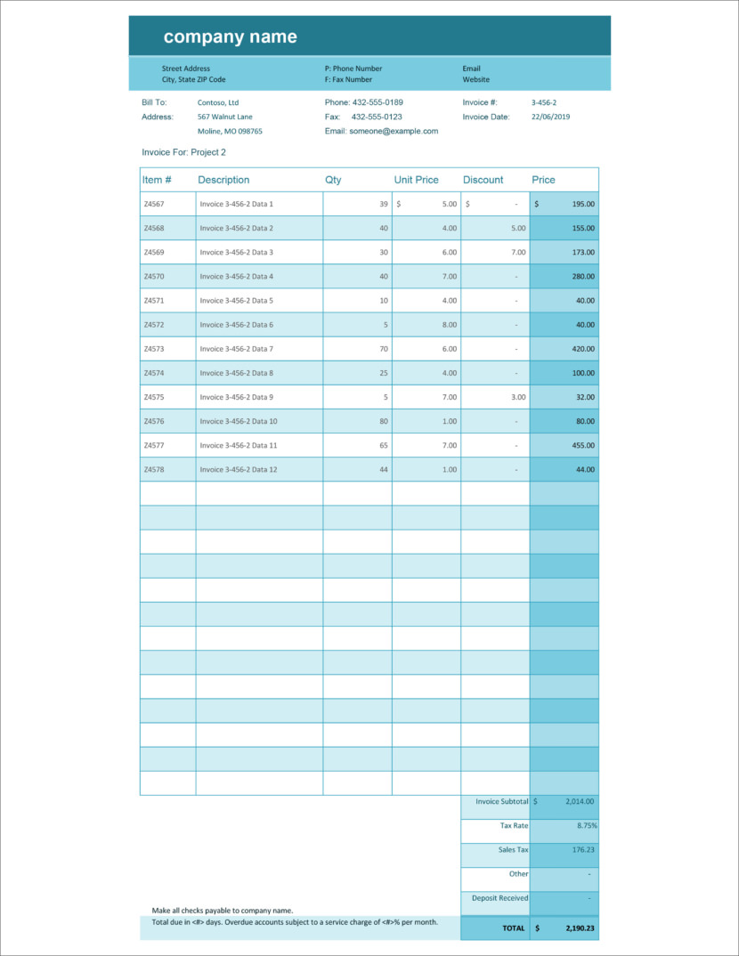 Screenshot of invoice template available in Micosoft Excel, downloadable in Docx and Xlsx format