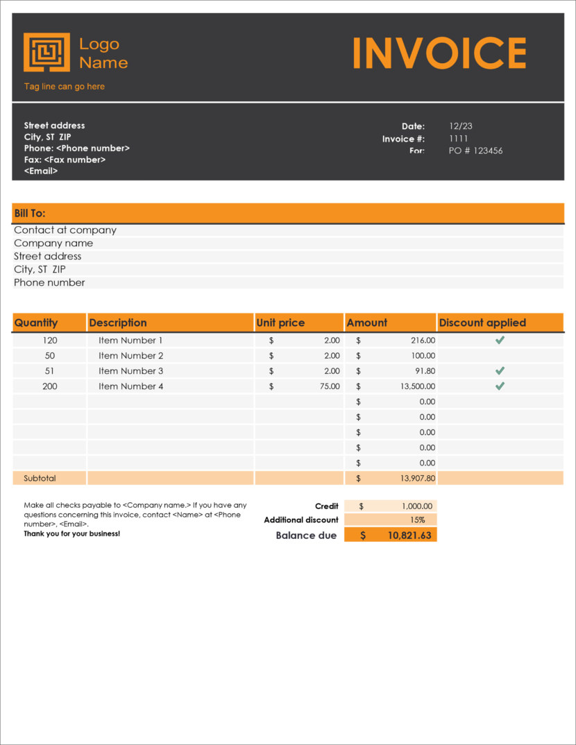 Screenshot of invoice template available in Micosoft Excel, downloadable in Docx and Xlsx format