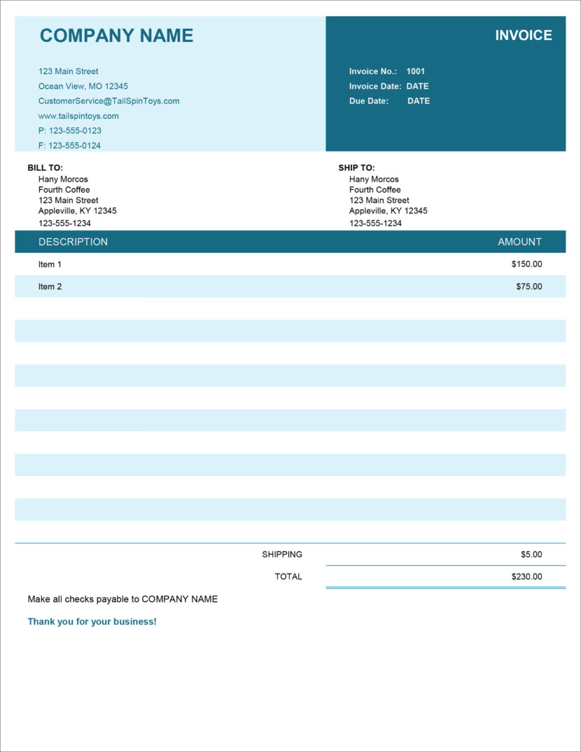 Screenshot of invoice template available in Micosoft Excel, downloadable in Docx and Xlsx format