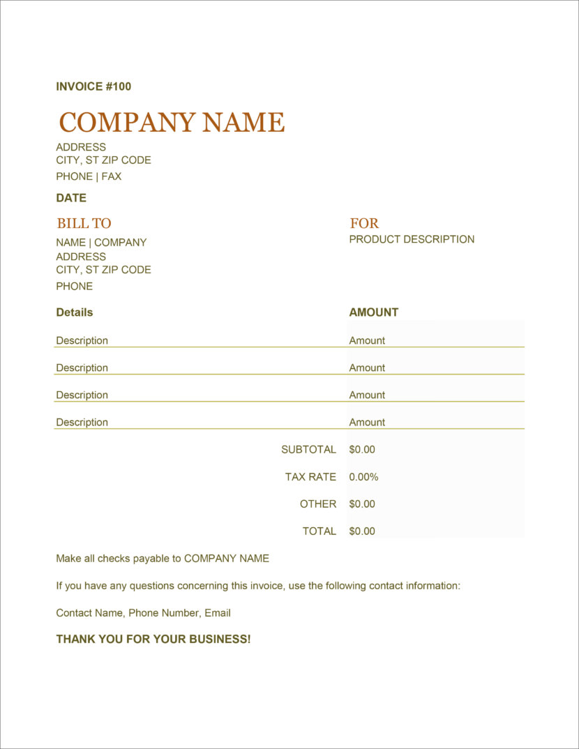 Screenshot of invoice template available in Micosoft Excel, downloadable in Docx and Xlsx format