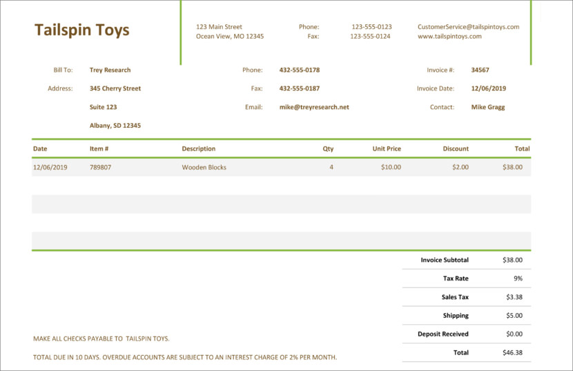 Screenshot of invoice template available in Micosoft Excel, downloadable in Docx and Xlsx format