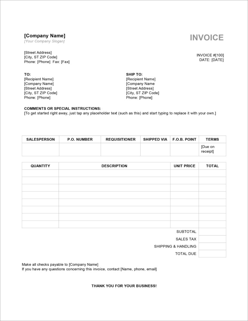 Screenshot of invoice template available in Micosoft Excel, downloadable in Docx and Xlsx format