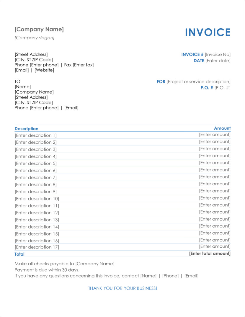 Screenshot of invoice template available in Micosoft Excel, downloadable in Docx and Xlsx format