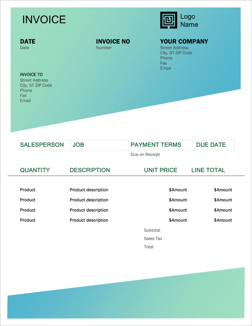 Screenshot of invoice template available in Micosoft Excel, downloadable in Docx and Xlsx format