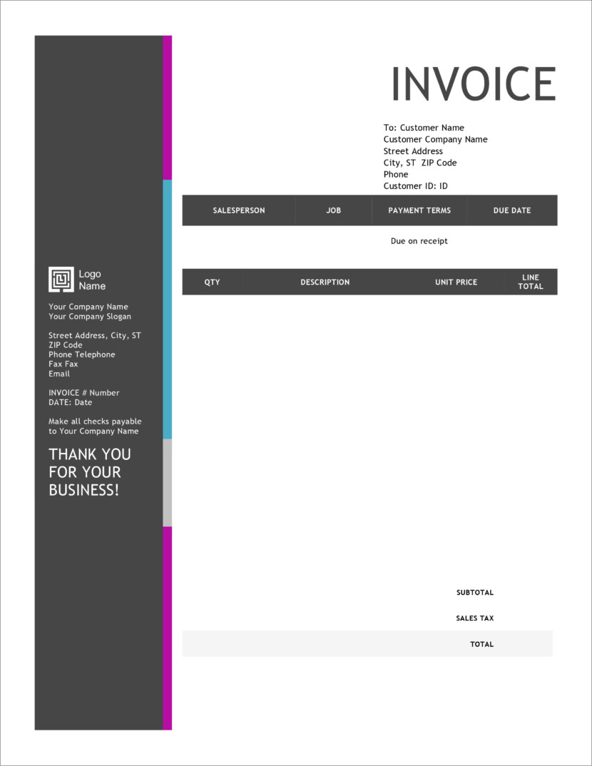 Screenshot of invoice template available in Micosoft Excel, downloadable in Docx and Xlsx format