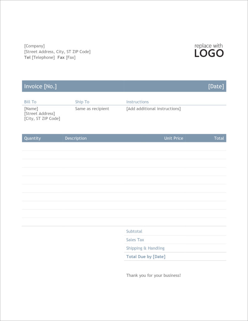 Screenshot of invoice template available in Micosoft Excel, downloadable in Docx and Xlsx format