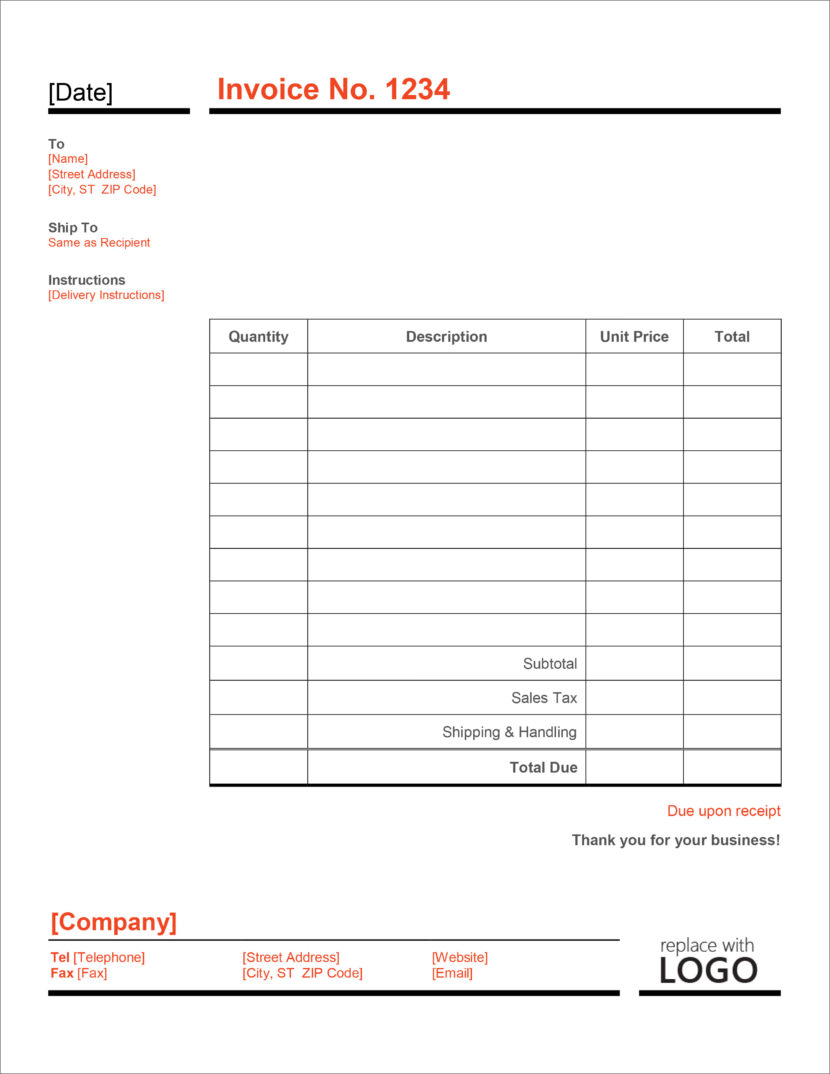 Screenshot of invoice template available in Micosoft Excel, downloadable in Docx and Xlsx format