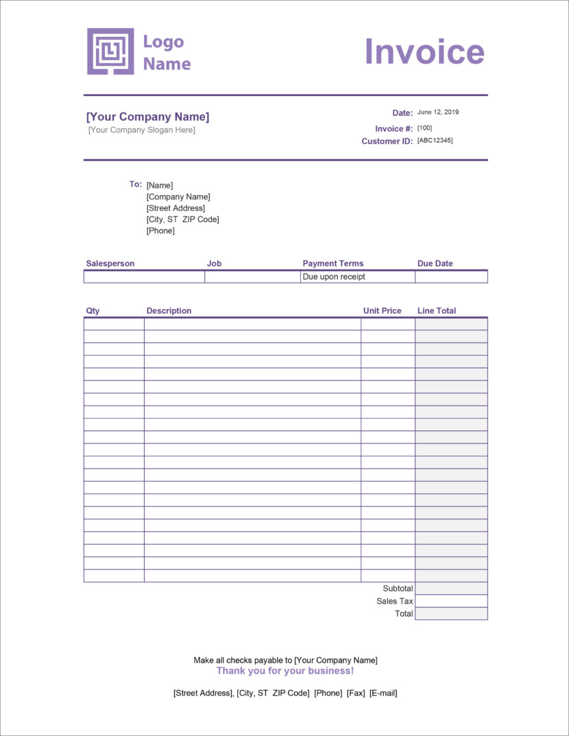 Screenshot of invoice template available in Micosoft Excel, downloadable in Docx and Xlsx format