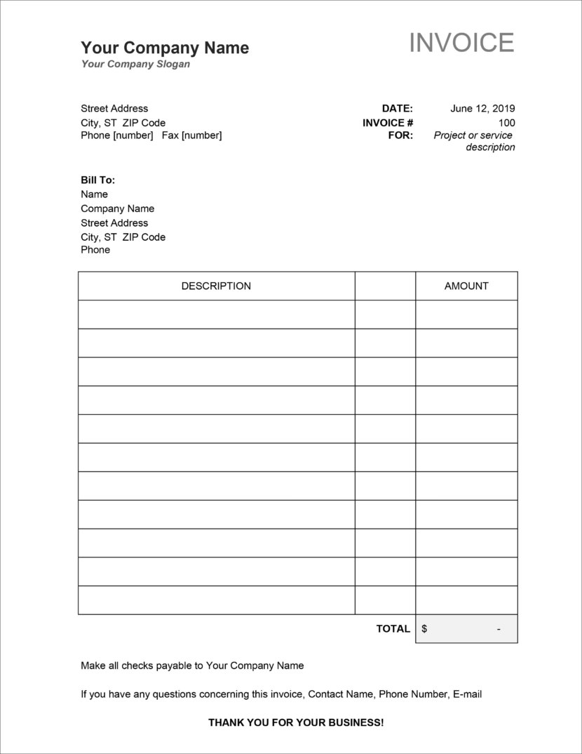 Screenshot of invoice template available in Micosoft Excel, downloadable in Docx and Xlsx format