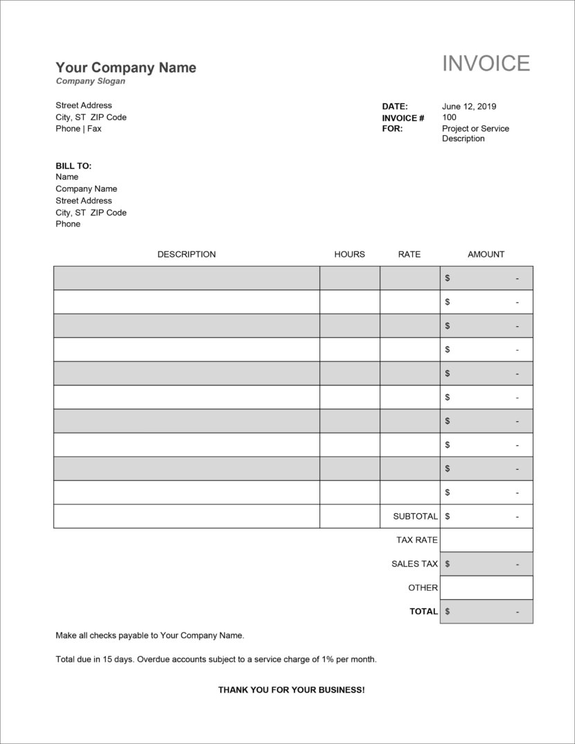 Screenshot of invoice template available in Micosoft Excel, downloadable in Docx and Xlsx format