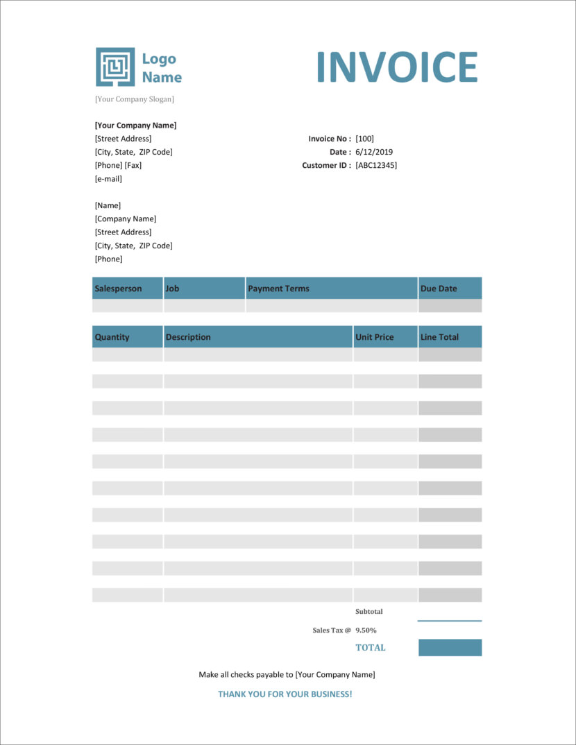 Screenshot of invoice template available in Micosoft Excel, downloadable in Docx and Xlsx format